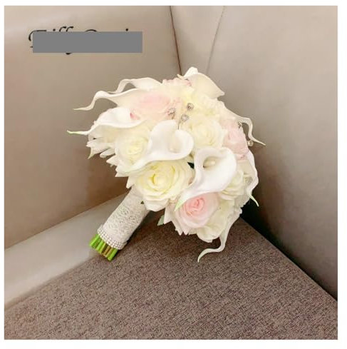 WHSDCZ Bouquet da sposa bianco e rosa for la sposa, calle, strass, rose, romantico nastro di pizzo, fiori finti