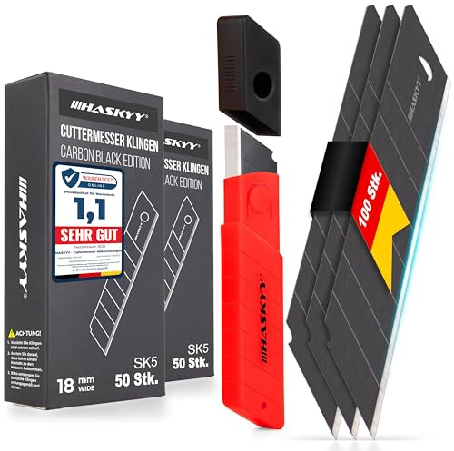 HASKYY Cuchillas de repuesto para cúter 100x SK5 de 18 mm de cuchilla de acero al carbono para cúter de alfombra – Cuchillas de cúter – Negro – extremadamente afilado