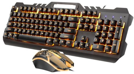 PartyKindom Juego de Teclado y Ratón Mecánico Retroiluminado RGB para Juegos y Oficina, Combinación Cable USB, Diseño Metálico Duradero, Color Naranja, Anti-Salpicaduras y Fácil Limpieza,