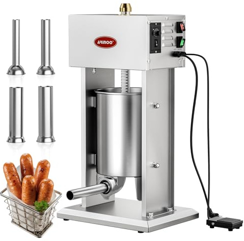 ARINOO Electric Sausage Stuffer,22LB/10L Stainless Steel Heavy Duty Sausage Stuffer Machine,Adjustable Speed Vertical Meat Filler with Foot Pedal,Sausage Maker with 4 Stuffing Tubes, Home & Commercial