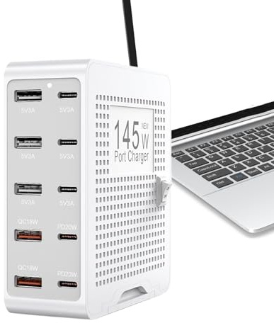 Hub di ricarica USB multiporta – Centro di ricarica cellulare | Alimentazione portatile a 10 prese con tecnologia PD QC3.0 da 145 W per tablet, smartphone, cuffie smartwatch