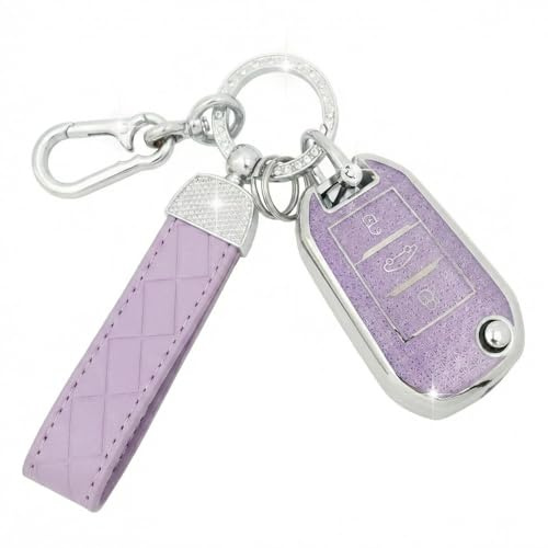 SparkleJoy Autoschlüssel Hülle mit Schlüsselanhänger Kompatibel mit Peugeot 208 308 508 2008 3008 Rifter Citroen C3 C4 Cactus Berlingo Picasso Xsara Jumpy Schlüssel, Schutzhülle Cover - Flip Key(Lila)