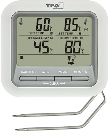TFA Dostmann Termometro da cucina digitale per barbecue e arrosti, 14.1516, con 2 sonde acciaio inossidabile, termometro carne, forno a legna, 300 °C, con allarme, manzo/maiale/pollo/pesce, bianco