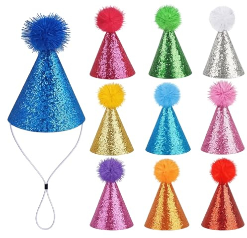 PDirat Partyhüte für Haustiere, 10 Stück 7,5×7cm Mini Feierhüte, bunte Farben mit Glitzerpompons, verstellbare elastische Schnur für festliche Anlässe