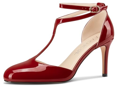 Aachcol Womens Round Toe T-Strap Stiletto High Heels Ankle Strap Mary Jane Pumps Office Party Dress Shoes 3.2 Inches Heels Burgundy Red 7.5 M US