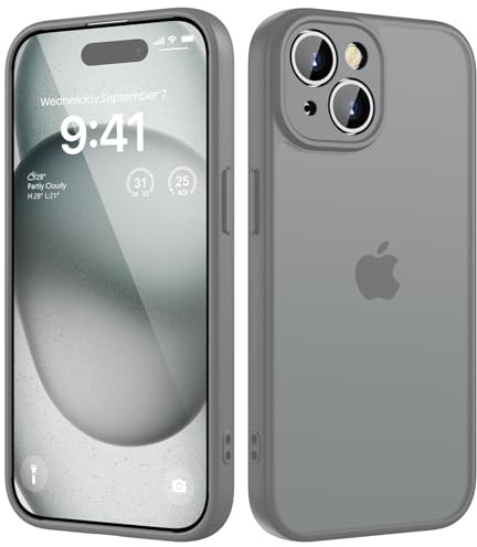 HGH für iPhone 15 Hülle, Titan Grau | Vollständiger Kameraschutz Stoßfest Kratzfest Anti-Fingerabdruck Transluzente Rückseite Matt Handyhülle für iPhone 15