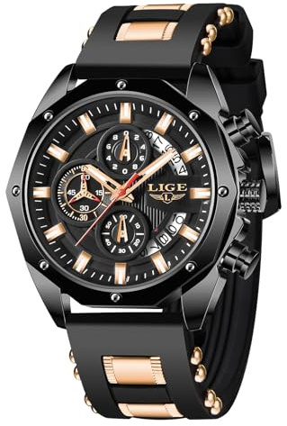 LIGE Montre Homme 3ATM Etanche Vintage Montres pour Hommes Chronographe À Quartz Analogique Étanche Bracelet Silicone Lumineux Date Affaires Élégant Quotidien Waterproof Watches for Men,Noir
