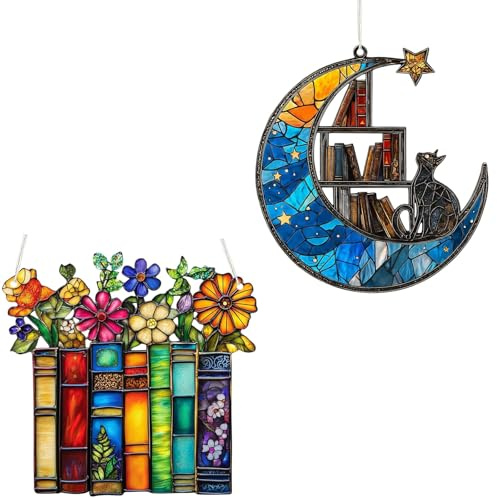Garden Wall Decorations 2D Book Ornament, Cute Cat Bookshelf Suncatcher Ornament, Acrylic Suncatchers for Windows with Stained Glass Effect, Casting Enchanting Light Patterns, Book Lover Gifts
