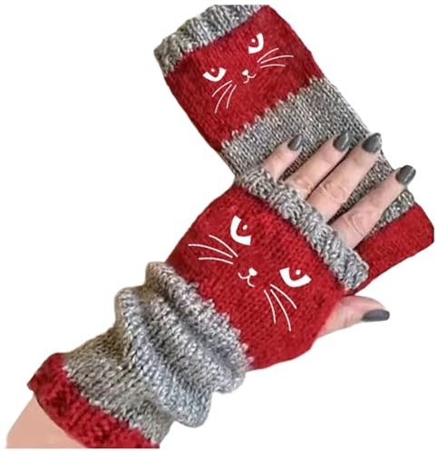 Fingerlose Handschuhe Damen - Katzen Stickerei Patchworks Strickhandschuhe Warme Pulswärmer Gestrickte Handstulpen Für Mädchen Frauen Modisches Winterhandschuhe Stilvolles Accessoire Outdoor 2026