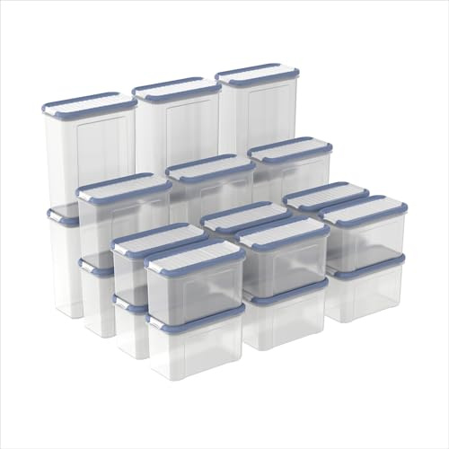 Rotho DOMINO Vorratsdosen 24er Set mit dichtem Klappdeckel transparent Blau | Für trockene Vorräte wie Mehl, Zucker, Müsli und Gewürze, Streu- und Schüttfunktion, spülmaschinengeeignet, drei Größen