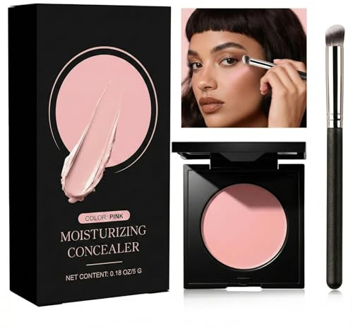 Radiant Pink Cream Concealer - Hydrating Under-Eye Brightener for Dark Circles & Uneven Skin Tone, Full Coverage Waterproof Long-Lasting Lightweight with Brush, Ideal for Medium to Deep Skin Tones