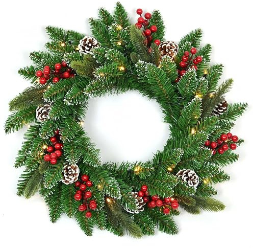 55cm Christmas Door Wreath Prelit Decorative with Warm White LED Lights Berries Pine Cones Flocked Tips Artificial Luxury Natural Looking Wall Hanging Decoration