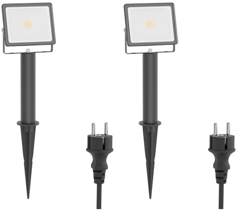 ledscom.de 2 LED trädgårdsstrålkastare FLIN med markspik, 15cm bas & stickkontakt för utomhusbruk, svart, strålkastare, IP66 vattentät, 837lm varmvit