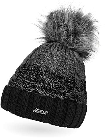 Neverless® Damen Strick-Mütze gefüttert Fleece-Innenfutter Fell-Bommel Kunstfell Winter-Mütze Bommelmütze Zopfmuster Mehrfarbig Umschlag schwarz-dunkelgrau