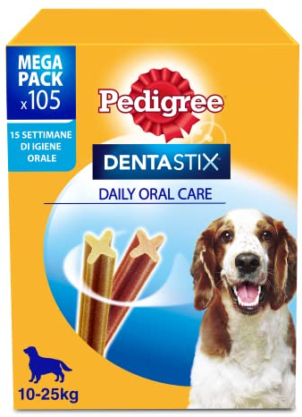 Pedigree Dentastix Snack per la Igiene Orale (Cane Medio 10-25 kg), 180g 105 Pezzi - 15 Confezioni da 7 pezzi (105 Pezzi totali)