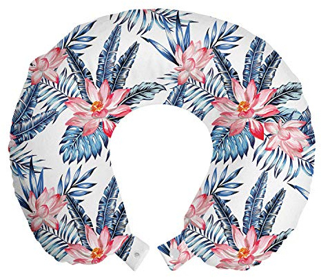 Ambesonne Tropical Travel Pillow Neck Rest, Leaves of Banana Palm and Lilies Hawaii Brazil Botanical Watercolor Art, Memory Foam Traveling Accessory for Airplane and Car, 12, Coral Orange and Blue