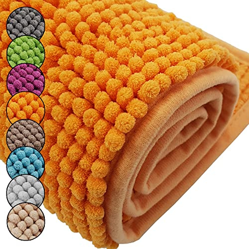 DILUMA Badematte Chenille 2er Set 50x80cm + 45x50cm Orange Rutschfester Hochflor Badteppich Wellness Badvorleger Saugfähig und Flauschig