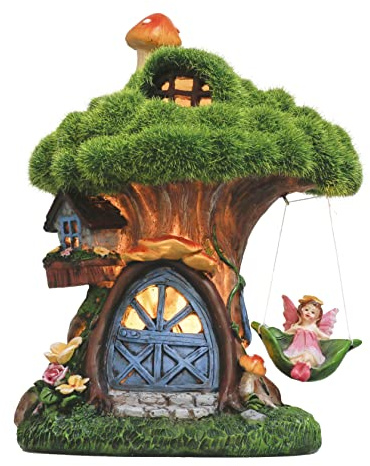 TERESA'S COLLECTIONS 19cm Gartendeko für Draußen Feengarten Haus Solarleuchte Feenhaus Gartenfigur aus Kunstharz Wasserfest Fairy House Elfenhaus Herbst Dekoration Grün
