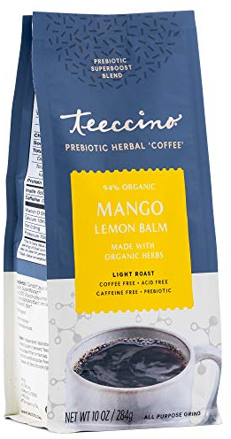 Teeccino Mango Lemon Balm - Prebiotic SuperBoost™ Herbal Blend - 10 Ounce - Steep like Loose Leaf Tea or Brew Like Coffee – Support Probiotics 3 Vegan Prebiotics for Gut Health & Good Mood