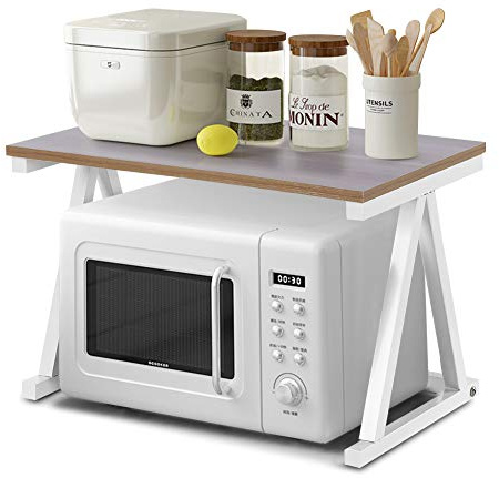 2-Tier Microwave Oven Stand, White Wooden Kitchen Storage Rack, Heavy Duty Counter Shelf Organizer for Small Kitchen, Bathroom