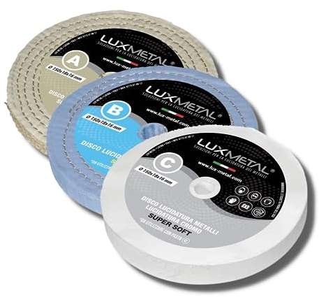 Lux Metal Kit 3 discos de pulido 150 mm A-B-C Discos algodón pulido espejo Acero inoxidable Metales Aluminio Juego de pulido para taladro Amoladora Rueda Latón Cobre Madera Mármol Plexiglás