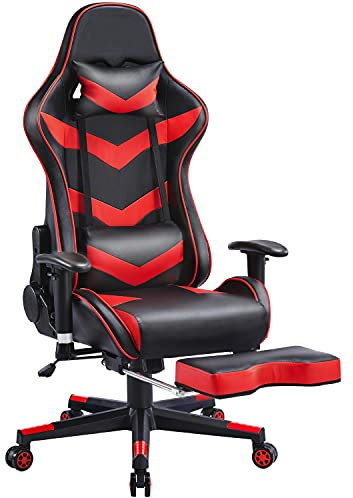 Yaheetech Silla Juegos Oficina Ergonómica Silla de Escritorio Silla Gaming con Reposapies Reposacabezas Regulable en Altura Soporte Lumbar, Metal Rojo
