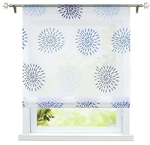 ESLIR Raffrollo Küche Raffgardine mit Tunnelzug Bändchenrollo Voile Gardinen Transparent Vorhänge Kreis-Motiven Modern Blau BxH 120x140cm 1 Stück