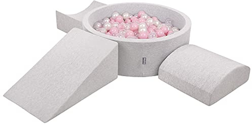 KiddyMoon Spielplatz Aus Schaumstoff Mit Rund Bällebad (300 Bälle) Ballgruben Für Babys Spielbad Hindernisläufen, Hergestellt In Der EU, Hellgrau:Puderrosa/Perle/Transparent
