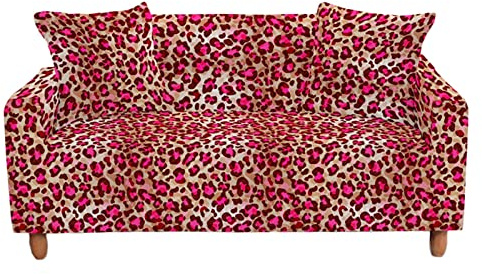 Mateju Sofabezug Stretch Antirutsch Sofaüberwürfe 1/2/3/4 Sitzer, Leopardenmuster Ecksofa Spannbezug L Form Sofa Couchbezug Sesselbezug für Wohnzimmer Wohnkultur (Wildrose rot,3-Sitzer 190-230cm)