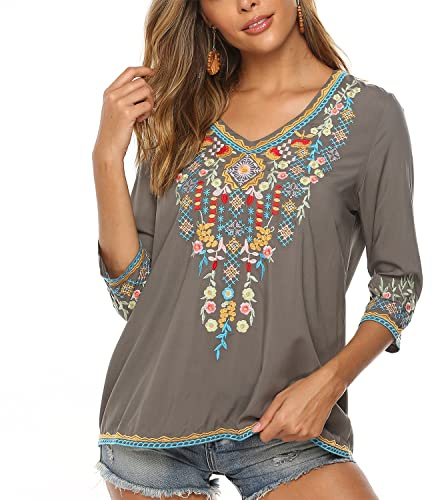 Vakakado Abbigliamento Hippie da Donna Folklore Boemo Camicetta Ricamata Tunica Manica a 3/4 Scollo a V Top Estivo Casual（054,Grigio,XL）
