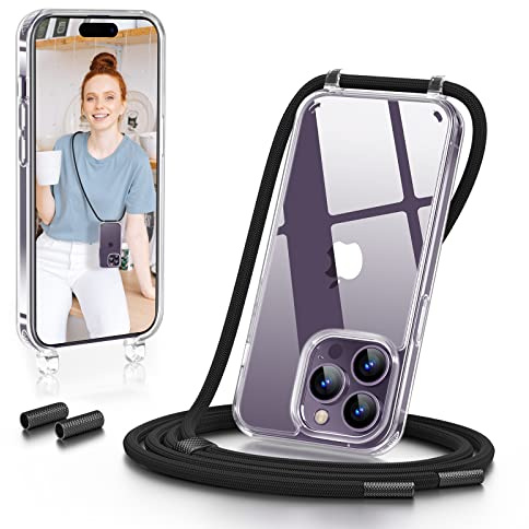 GOODVISH Handykette für iPhone 14 Pro Max Hülle mit Band, Schwarz | Kameraschutz und Bildschirmschutz, Necklace Handyhülle Schnur Schutzhülle für Umhängen Transparent Case mit Kordel 6.7