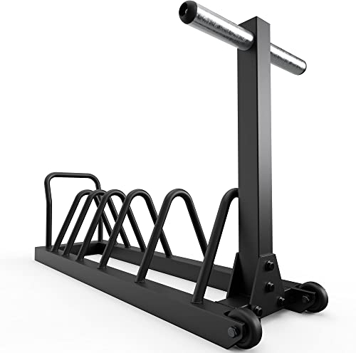 ATLETICA Tusker | Mobile Hantelscheiben Ablage | Kompakter Scheibenständer | 6 Fächer | 2 zusätzliche Pins | 24 kg | bis 900 kg belastbar | Transportrollen und Griff