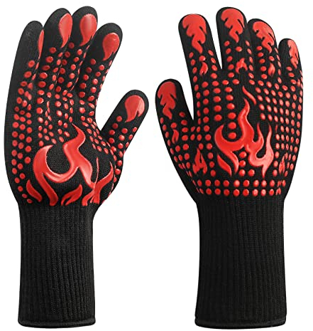2er Set hitzebeständige Grillhandschuhe bis 1472℉/800°C, feuerfeste Ofenhandschuhe, Kochhandschuhe und Schweißerhandschuhe für Grillen, Backen und Schweißen
