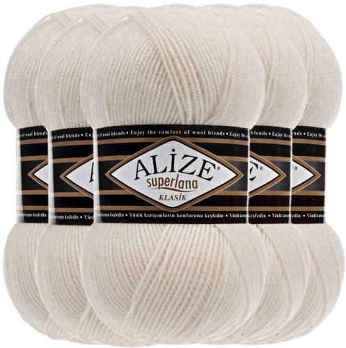 Hobby YARN Alize Superlana Klasik 5 x 100 g Türkische Premium Wolle Baumwolle und Acryl Uni Handstrickgarne Yarn Garn Strickgarn Baby zum Stricken Strickgarn (Light Cream | 62)