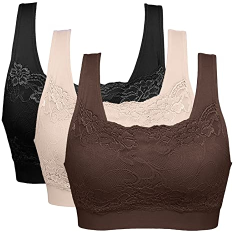 Vertvie Womens Strech Ohne Buegel Push up Yoga Sports BH Bra Top Set Fuer Fitnesstraining Polsterung 3er Pack (EU L/Tag XL, Schwarz+Haut+Braun)