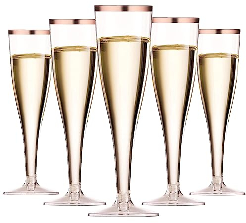 LATERN 50 Pezzi Flute da Champagne con Bordo in Oro Rosa, 150ml Bicchieri da Champagne in Plastica Bicchieri da Vino con Gambo Riutilizzabili per Anniversario Matrimonio Giardino Feste (5 x 17cm)
