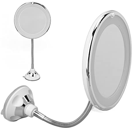 Espejo de Aumento 10X con Ventosa, Espejo de Baño de Viaje Inalámbrico con Cuello de Cisne Ajustable, Espejo de Maquillaje con Aumento, Espejo de Maquillaje con Aumento con Luz LED