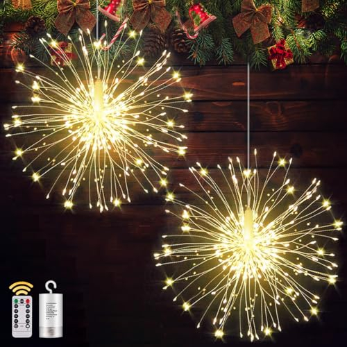 yowin Luces artificiales de fuegos artificiales con batería de 2 unidades, 180 LED, luces decorativas, cadena de 8 modos, luces de Navidad con mando a distancia, temporizador, IP65, impermeable, para