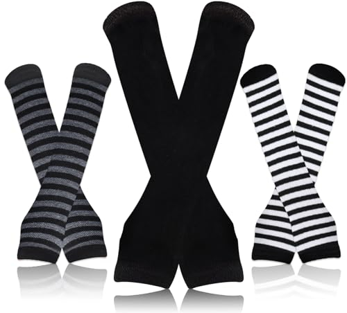 WLLHYF 3 Paar Kaschmir Feel Handgelenk Fingerlose Handschuhe mit Daumenloch Winter Strick Fingerlose Handschuhe, Armstulpen(Schwarz-weiße Streifen + Schwarzgraue Streifen + Schwarz)