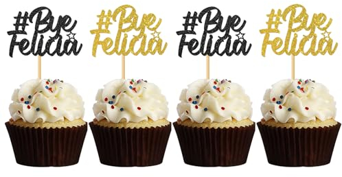 MonMon & Craft Bye Felicia Cupcake Toppers - Retirement Job Change Cupcake Toppers - Farewell Party Sign Dessert Decor Going Away Graduation Divorce Party Decorations Black Gold Glitter - 24 Pcs