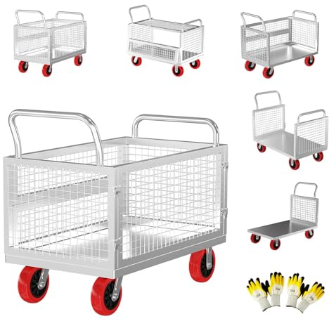 Lomive 5IN1 Heavy Duty Platform Truck with Cage 44x28 Hand Truck Extra Large Version, 2200lbs Capacity Basket Cart with Wheels, Push Dolly with 6” Swivel Casters, Versatile Flatbed
