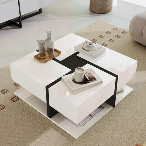 KOMHTOM Moderner weißer quadratischer Couchtisch. Beistelltisch mit Vier Schubladen und offenem Staufach, Sofatisch für Wohnzimmer Schlafzimmer (Weiß+Schwarz)