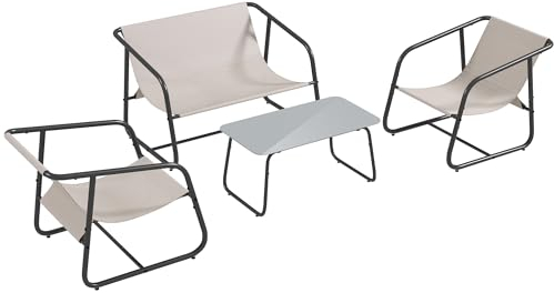 Outsunny 4-TLG. Gartenmöbel-Set, Sitzgruppe mit 2 Sesseln, 1 Zweisitzer, 1 Couchtisch aus Hartglas, Gartengarnitur für Balkon, Terrasse, Mesh, Creme