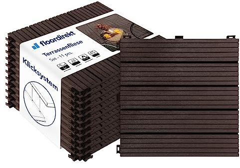 Floordirekt Fliesen 30x30 cm, 1m² = 11 Terrassenfliesen, Klickfliesen, Balkonfliesen in Holzoptik - Bodenbelag für Balkon & Terrasse - wetterfest mit Drainagefunktion | Braun | Claire
