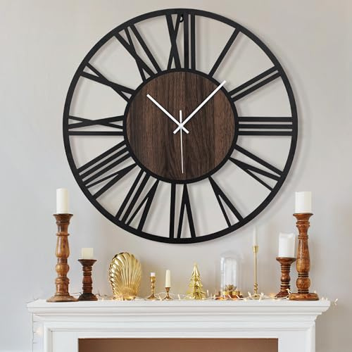 HAITANG 50 cm runde Holz-Wanduhr schwarz für Wohnzimmer-Dekoration, Vintage-Stil, römische Ziffern, geräuschlos, Nicht tickend, Hängeuhren für Zuhause, Garten, Büro, Café, Zimmerdekoration