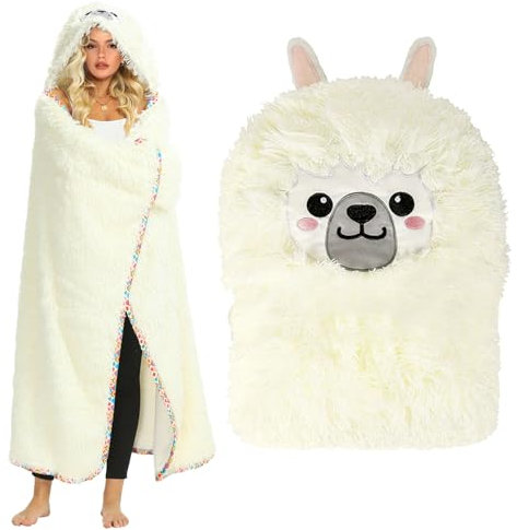 Chingcoo Regali per le donne, coperta con maniche, Wearable Shaggy Blanket per le donne, regalo di alpaca, coperta con cappello e guanti