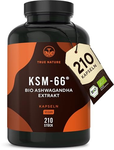 Bio Ashwagandha - KSM-66® Premiumrohstoff - 210 Kapseln - 600mg Tagesdosis - hochdosiert - original indische Schlafbeere - Vegan - Deutsche Produktion - TRUE NATURE