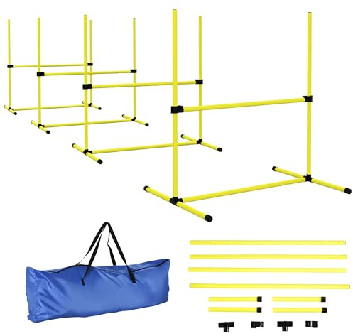 PawHut Agility pour chiens, kit agility chien parcours, set de 4 obstacles professionnels hauteur réglable, système de maintien au sol sac transport parfait pour jeux intéressants, entraînement, jaune