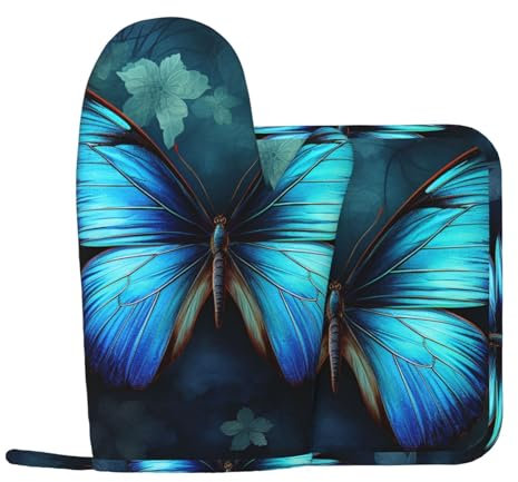 Lot de 2 maniques et maniques en silicone antidérapant et résistant à la chaleur Motif papillon Bleu