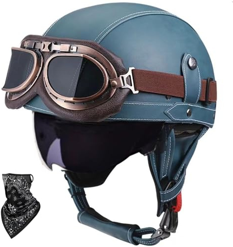Beyswage DOT/ECE Zulassung Leder Halbschalenhelm, Retro Motorrad Halbhelm mit Brille, Schnellverschluss Schnalle, Erwachsene Halbschale Jet-Helm, Cruiser, Scooter Helm Vintage(55~62CM)